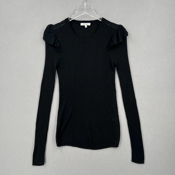 MADEWELL Sweater Womens Small Black Ruffle Sleeve Pullover Crew neck Ribbed - Picture 3 of 12
